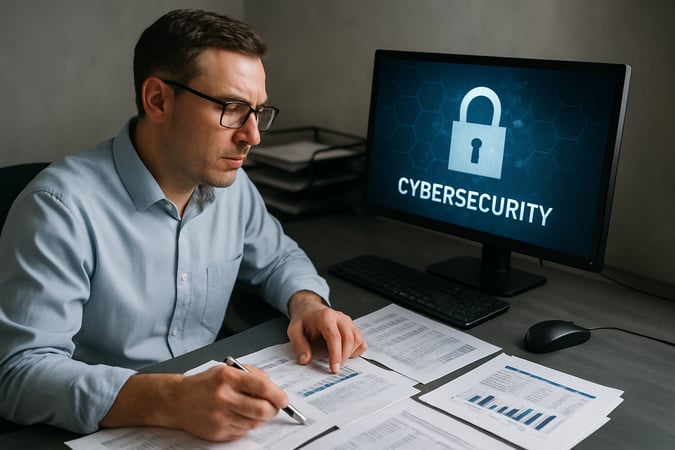 bookkeeper reviewing docs and cybersecurity measures